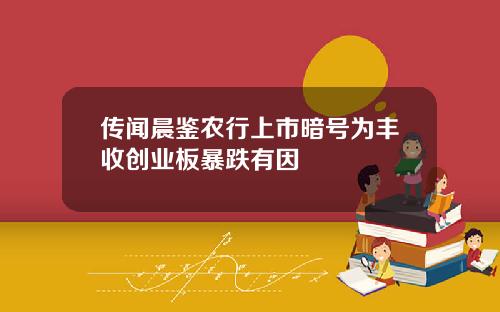 传闻晨鉴农行上市暗号为丰收创业板暴跌有因