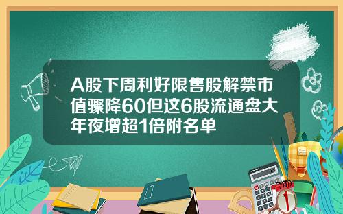 A股下周利好限售股解禁市值骤降60但这6股流通盘大年夜增超1倍附名单